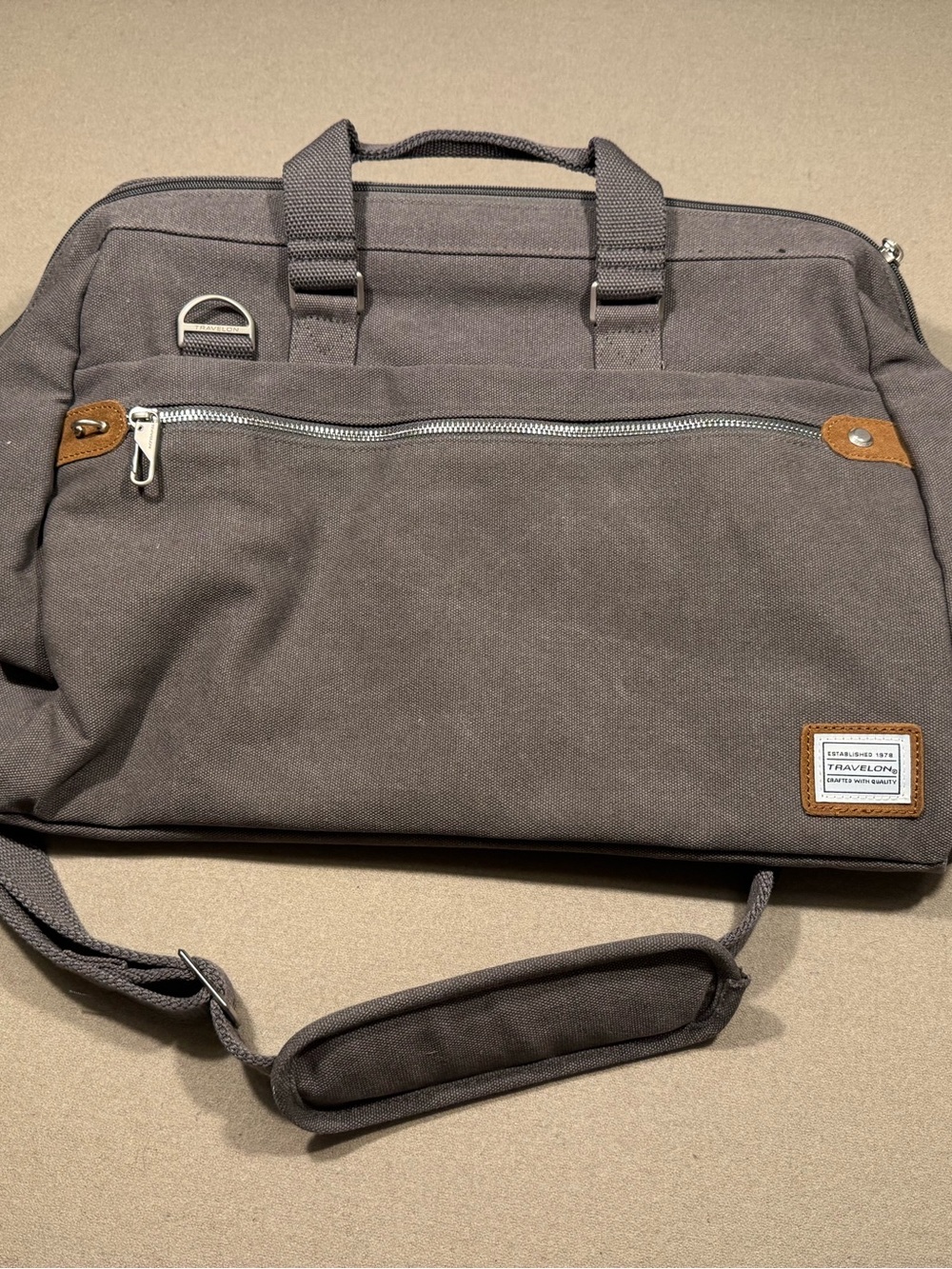 Travelon Charcoal Canvas Laptop Briefcase with Brown Trim anti theft